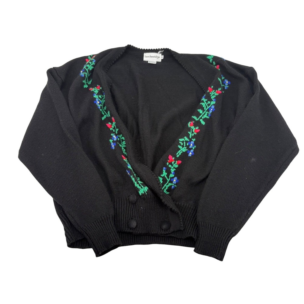 Breckenridge Black Floral Embroidered Cardigan Sweater Women's‎ Sz Small Vintage